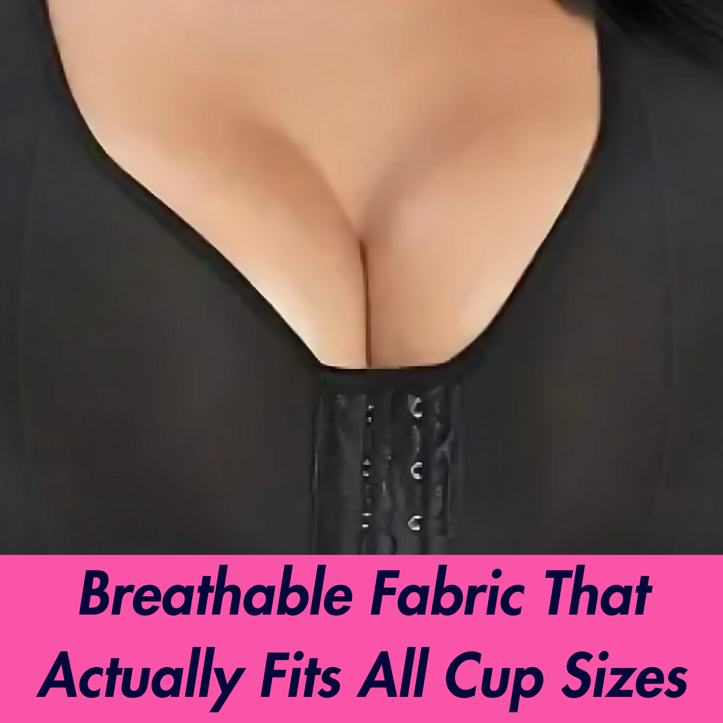 Black shapewear with text about breathable fabric fitting all cup sizes