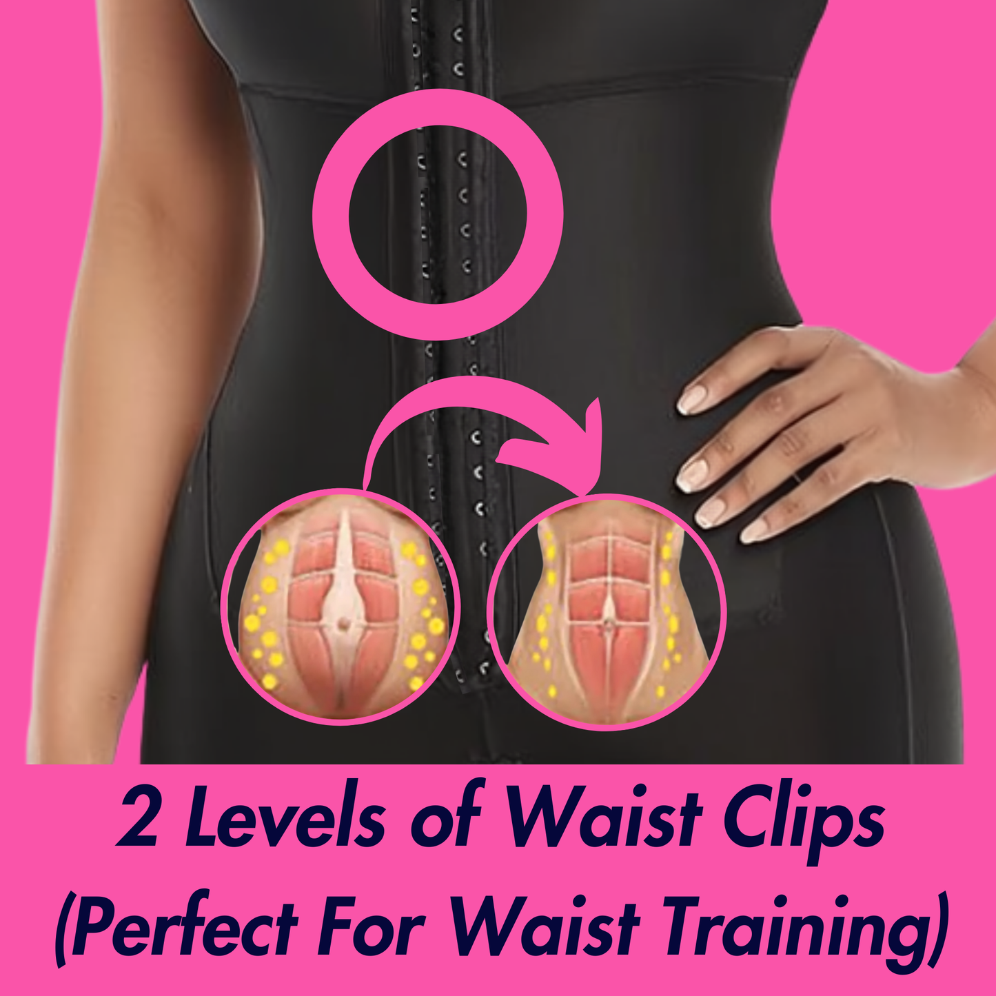 Black shapewear with waist clips on a pink background