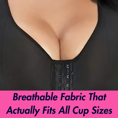 Black shapewear with text about breathable fabric fitting all cup sizes